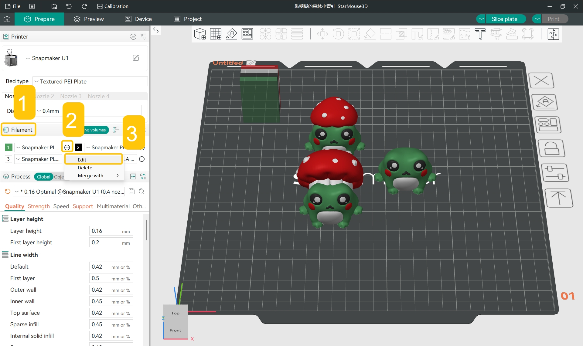 Click the ... next to the specific filament > Edit